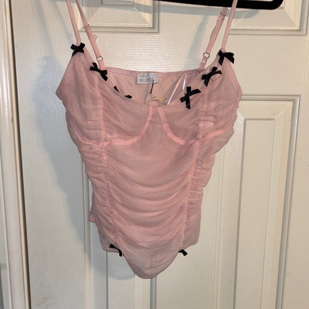 West of Melrose Pink Ruched Camisole with Black Accents L NWT